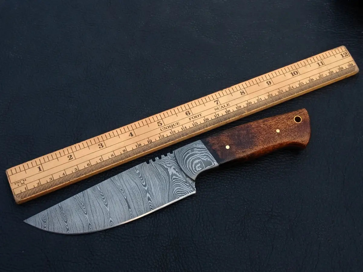 Handmade Damascus Steel Hunting Knife with Wooden Handle and Ruler