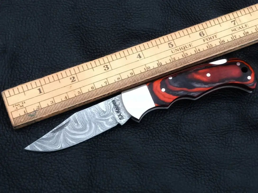 Damascus steel folding knife-C81 with ruler on blade