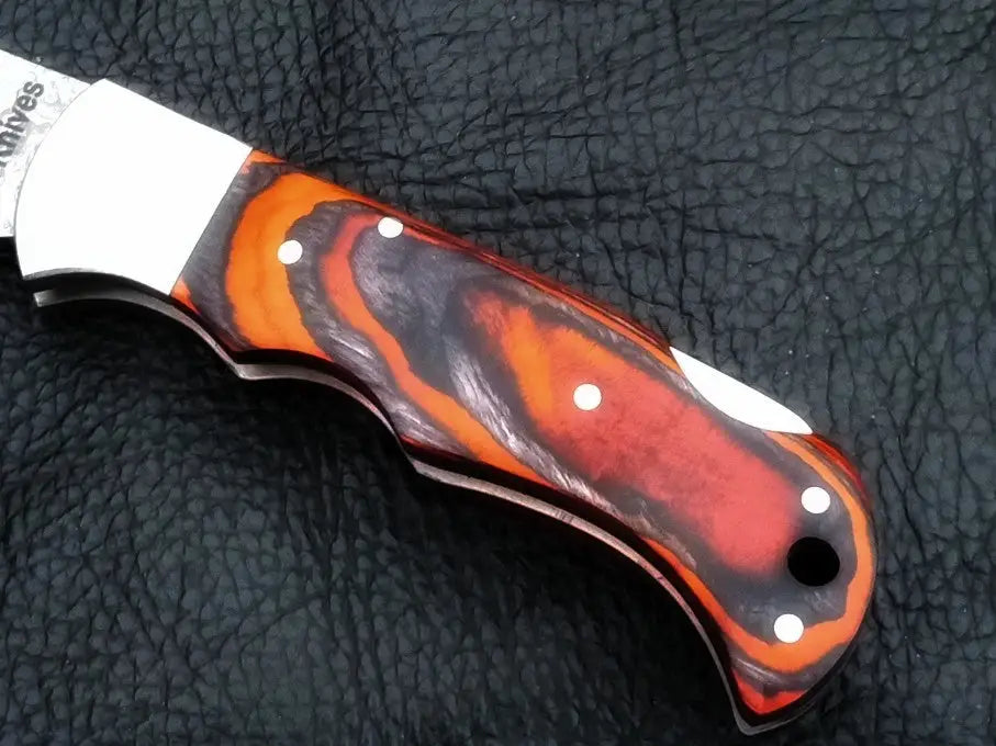 Damascus steel folding knife with red and black handle (C81)
